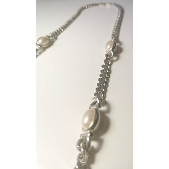 Necklace Silver Tone Chain & Faux Pearl Station Vintage 80s-Style - Picture 7 of 10